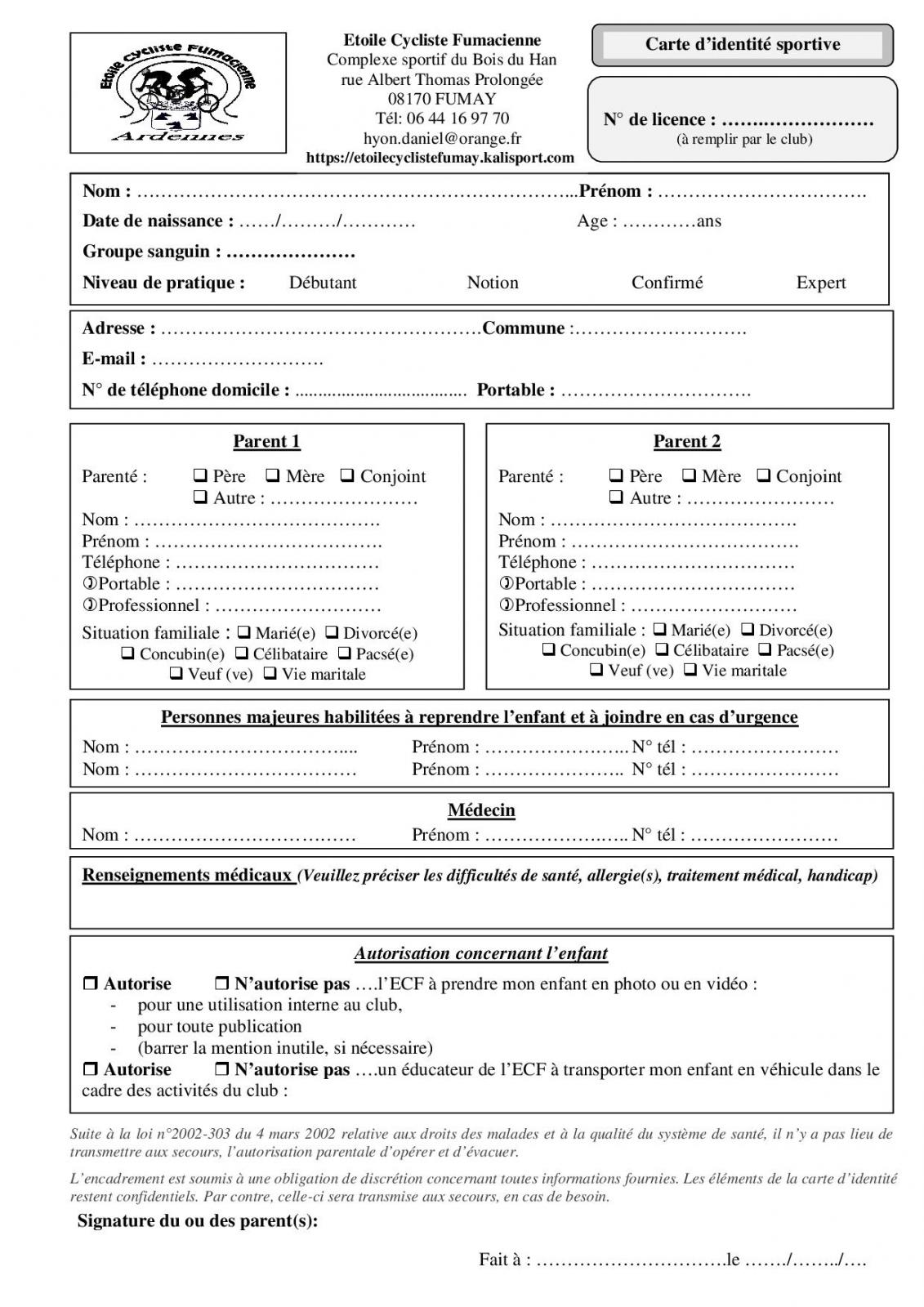 Fiche d'inscription et de renseignements ECFumay